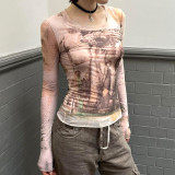 Abstract printed mesh thin long sleeved T-shirt basic slim fitting bottom top