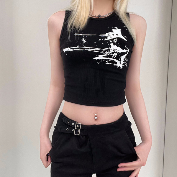 Retro Graffiti Abstract Print Thread Knitted Bottom Shirt Street Casual Versatile Sports Tank Top
