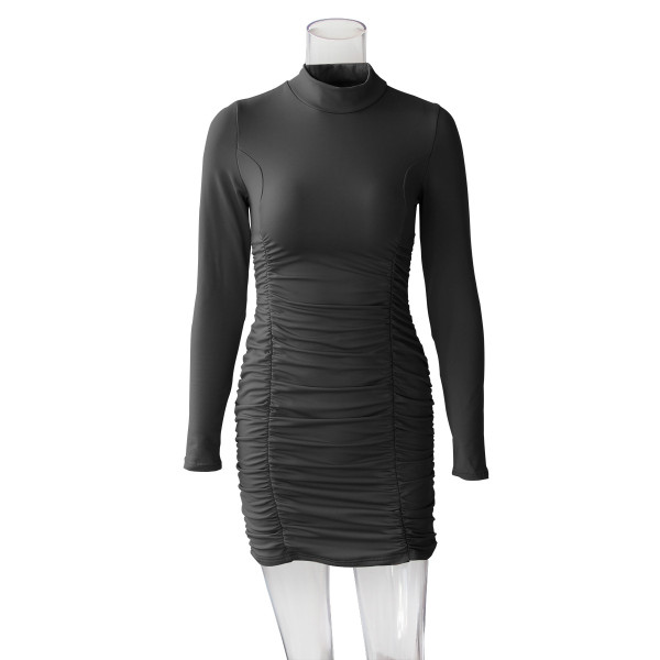 Hip Wrap Dress Sexy Long Sleeve Slim Fit Pleated Dress