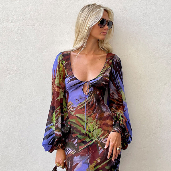 Lace printed long sleeved mesh loose U-neck long dress