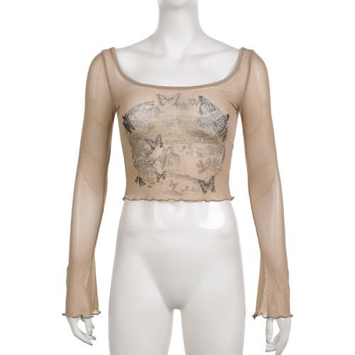 Vintage Landscape Print Square Neck Flare Sleeve Mesh T-shirt Slim Fit Bottom Top