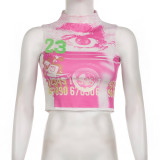 Dopamine Eye Letter Graffiti Print Sleeveless Slim Fit Tank Top Spicy Girls Street Personality Short Racerback Tank Top