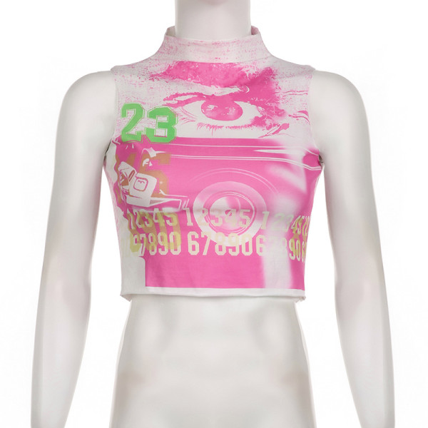 Dopamine Eye Letter Graffiti Print Sleeveless Slim Fit Tank Top Spicy Girls Street Personality Short Racerback Tank Top