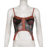 Vintage Mesh Rose Invisible Hook Button Bra Small Strap Asymmetric Ribbon Sexy Pure Desire Tank Top