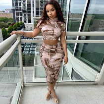 Sexy Round Neck Open Bellybutton Short Sleeve Top Half Skirt Drawstring Decoration Lace Up Two Piece Set