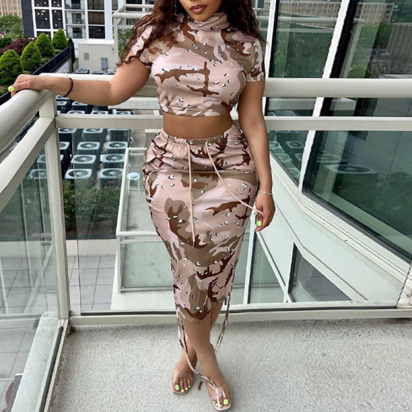 Sexy Round Neck Open Bellybutton Short Sleeve Top Half Skirt Drawstring Decoration Lace Up Two Piece Set