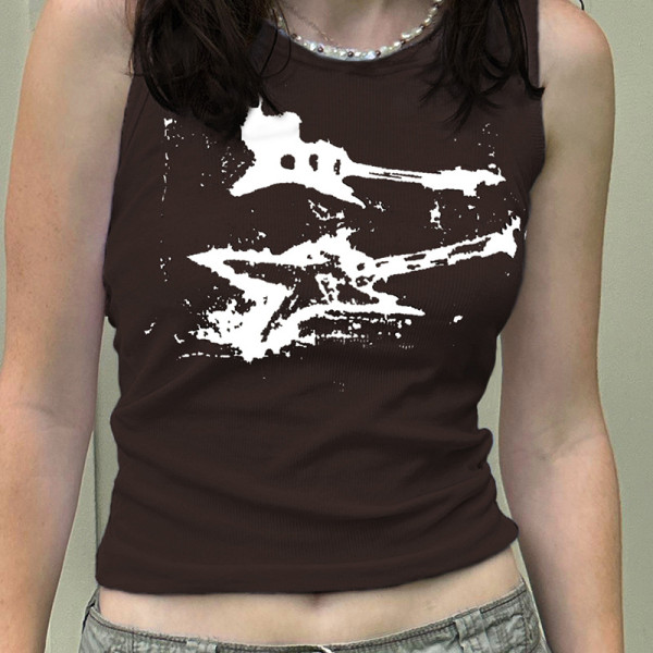 Retro Graffiti Abstract Print Thread Knitted Bottom Shirt Street Casual Versatile Sports Tank Top