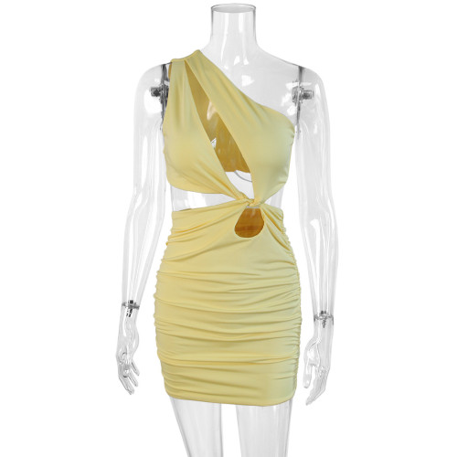 Women's One Shoulder Oblique Collar Sleeveless Dress Sexy Irregular Hollow Out Dress