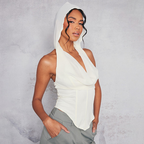 Solid casual sleeveless hooded open back strapping slim fitting spicy girl top