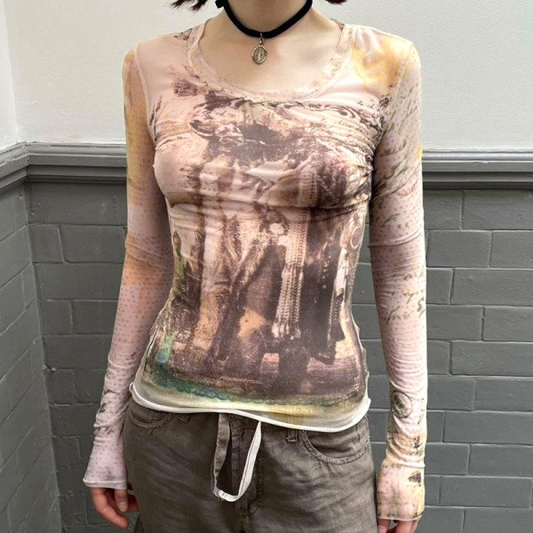 Abstract printed mesh thin long sleeved T-shirt basic slim fitting bottom top