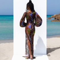 Lace printed long sleeved mesh loose U-neck long dress Lace printed long sleeved mesh loose U-neck long dress