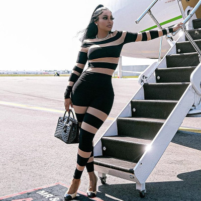 Wide striped tight jumpsuit, round neck, long sleeved printed all-in-one pants, fashionable and bodybuilding leggings