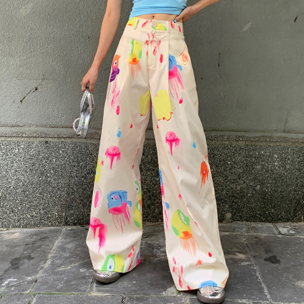 Fun Print Street Trend Spicy Girl Wide Leg Pants Summer Thin High Waist Workwear Loose Casual Pants