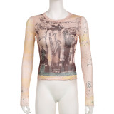 Abstract printed mesh thin long sleeved T-shirt basic slim fitting bottom top