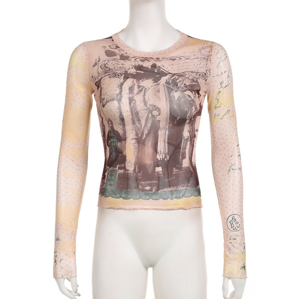 Abstract printed mesh thin long sleeved T-shirt basic slim fitting bottom top