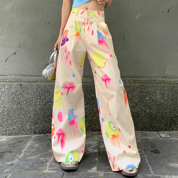 Fun Print Street Trend Spicy Girl Wide Leg Pants Summer Thin High Waist Workwear Loose Casual Pants