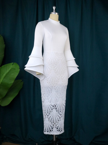 Elegant style small standing neck flared sleeve lace patchwork dress casual slim one step skirt
