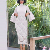 Elegant style small standing neck flared sleeve lace patchwork dress casual slim one step skirt