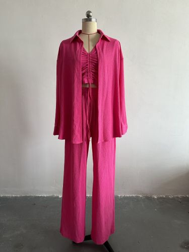 Women's three-piece long sleeved shirt drawstring short sleeved wide leg pants casual set