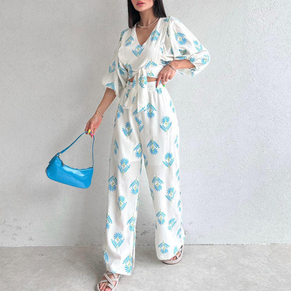 V-neck temperament printed bubble sleeve top and pants women's two-piece set