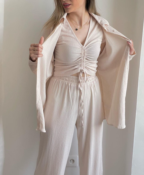 Women's three-piece long sleeved shirt drawstring short sleeved wide leg pants casual set