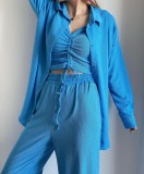 Women's three-piece long sleeved shirt drawstring short sleeved wide leg pants casual set