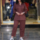 Women's Large Fashion Casual Set Polo Collar Long Sleeve Shirt High Waist Pocket Casual Pants
