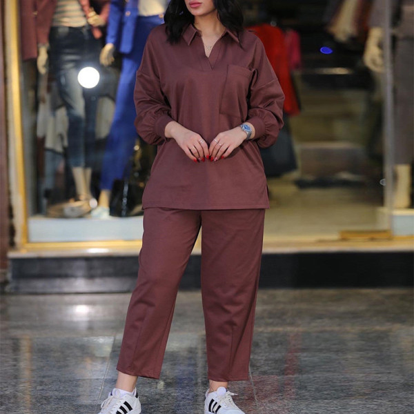 Women's Large Fashion Casual Set Polo Collar Long Sleeve Shirt High Waist Pocket Casual Pants