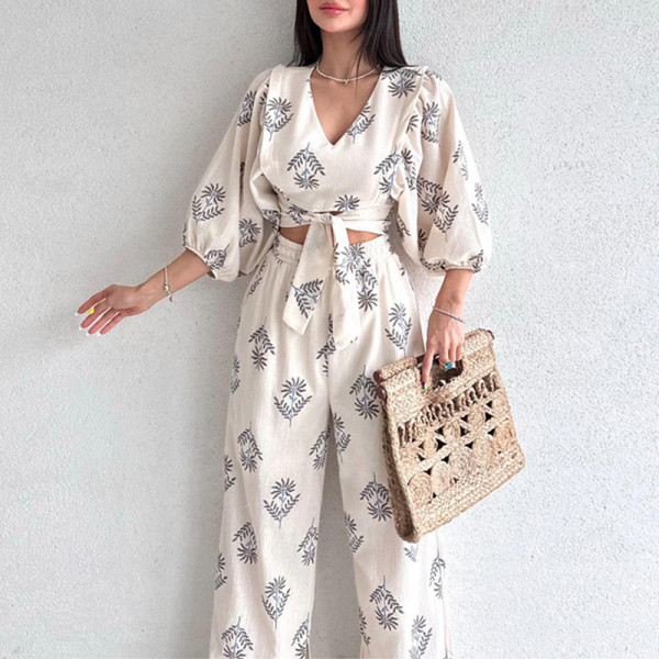 V-neck temperament printed bubble sleeve top and pants women's two-piece set
