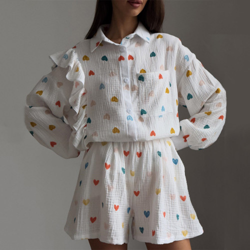 Ruffle Heart Printed Shirt Wide Leg Shorts Casual Set