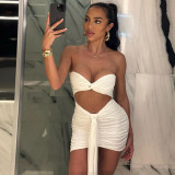 Sexy strapless dress with hollowed out solid color buttocks short skirt