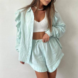 Ruffle edge long sleeved shirt wide leg shorts casual sports set