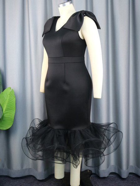 V-neck Sleeveless Bow Dress Designer Mesh Dress