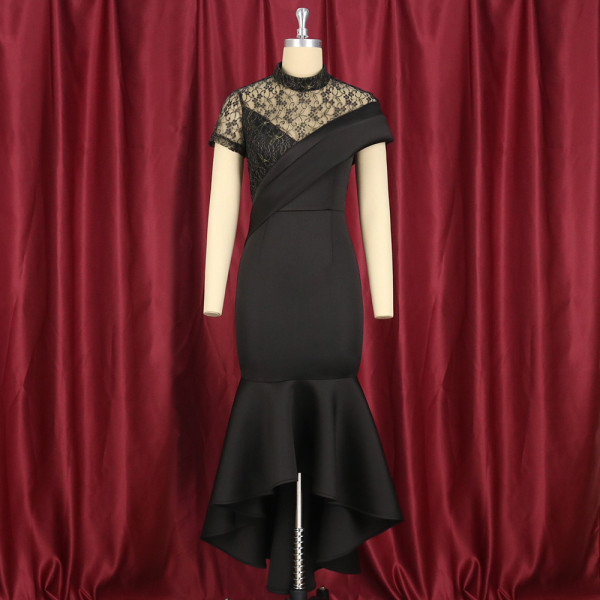 Round neck sexy perspective lace short sleeved high waisted ruffled party dress for women