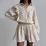 Ruffle Heart Printed Shirt Wide Leg Shorts Casual Set