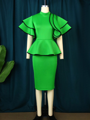 Ruffle Edge Fake Two Piece Hip Wrap Dress Elegant Standing Collar Outdoor Commuter Dress