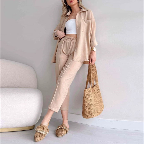 Casual loose fitting shirt jacket two-piece sports Harlan pants set