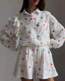 Ruffle Heart Printed Shirt Wide Leg Shorts Casual Set