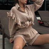 Ruffle edge long sleeved shirt wide leg shorts casual sports set