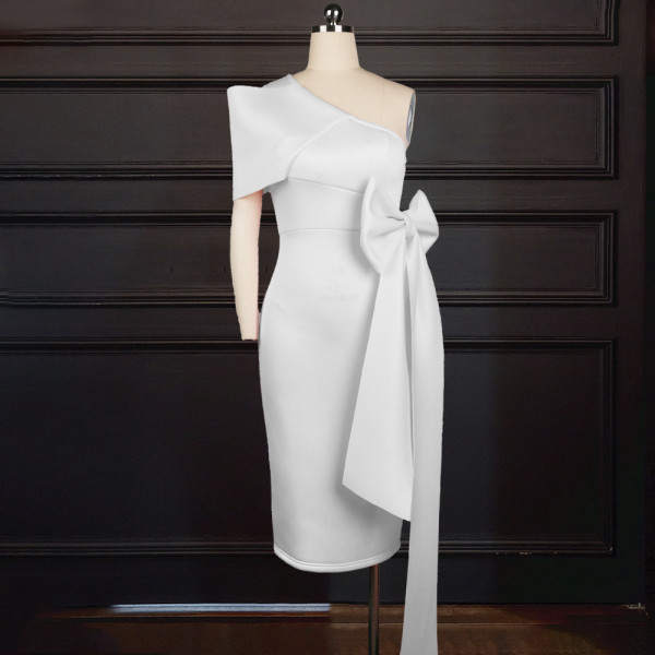 Sexy one shoulder bow wrap hip skirt high waist large size slim Pencil skirt women's dress