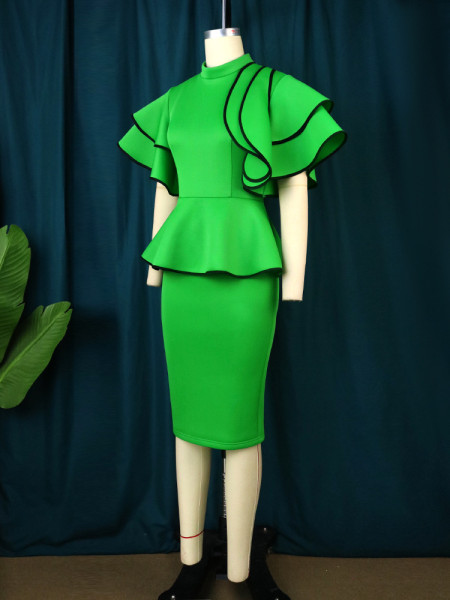 Ruffle Edge Fake Two Piece Hip Wrap Dress Elegant Standing Collar Outdoor Commuter Dress