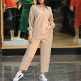 Women's Large Fashion Casual Set Polo Collar Long Sleeve Shirt High Waist Pocket Casual Pants