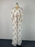V-neck temperament printed bubble sleeve top and pants women's two-piece set