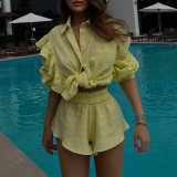 Ruffle edge long sleeved shirt wide leg shorts casual sports set