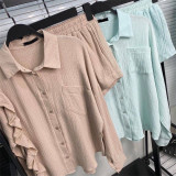 Ruffle edge long sleeved shirt wide leg shorts casual sports set