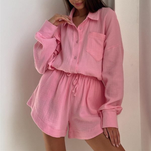 Ruffle edge long sleeved shirt wide leg shorts casual sports set