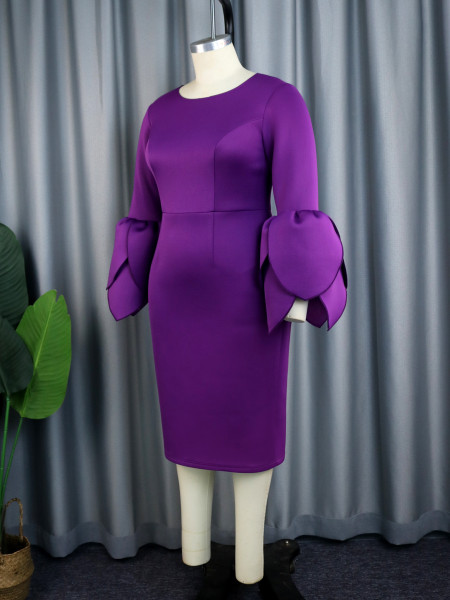 Temperament Style Dress Personalized Petal Sleeve Round Neck Waist Wrapped One Step Dress