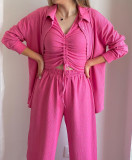 Women's three-piece long sleeved shirt drawstring short sleeved wide leg pants casual set