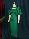 Round neck bubble sleeved women's high waisted dress, long dress, party banquet dress