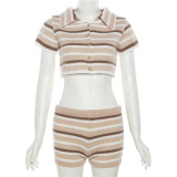 Women's casual knitted striped contrast cardigan top with high waist and buttocks set